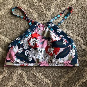 Halter bikini top with cross back tie straps